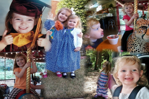 Ein Collage-Bild mit Vergnügungspark-Fahrgeschäften, einem Tisch mit Lebensmitteln einschließlich eines Bechers und Löffels, verschiedenen Gegenständen, Lichtern, einer Wand, Büschen, Bäumen, Gras, einem Seil und einem Hut.