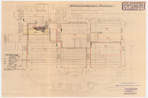 Schwarze und weiße Architekturzeichnung des Rosenhof-Krankenhauses in Hamburg, Deutschland, die detaillierte Layout-Planung mit zahlreichen Kabeln, Zimmern, Fluren und Textanmerkungen auf altem Papier zeigt.
