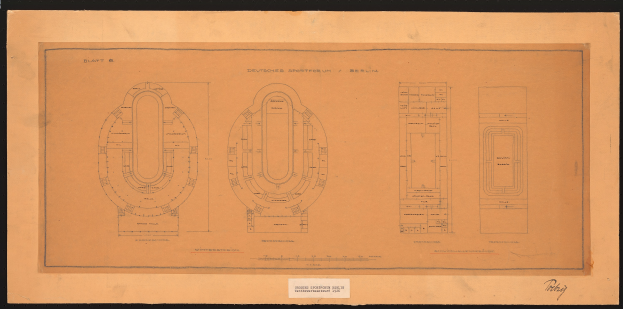 Eine detaillierte Schwarz-Weiß-Zeichnung des Deutschen Sportforums in Berlin, einschließlich des Grundrisses, mit begleitendem Text zur Beschreibung des Layouts.