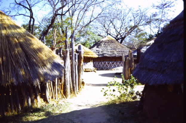 Eine Dorfszene mit Hütten, Bäumen und Gras am Boden und einem Himmel oben.