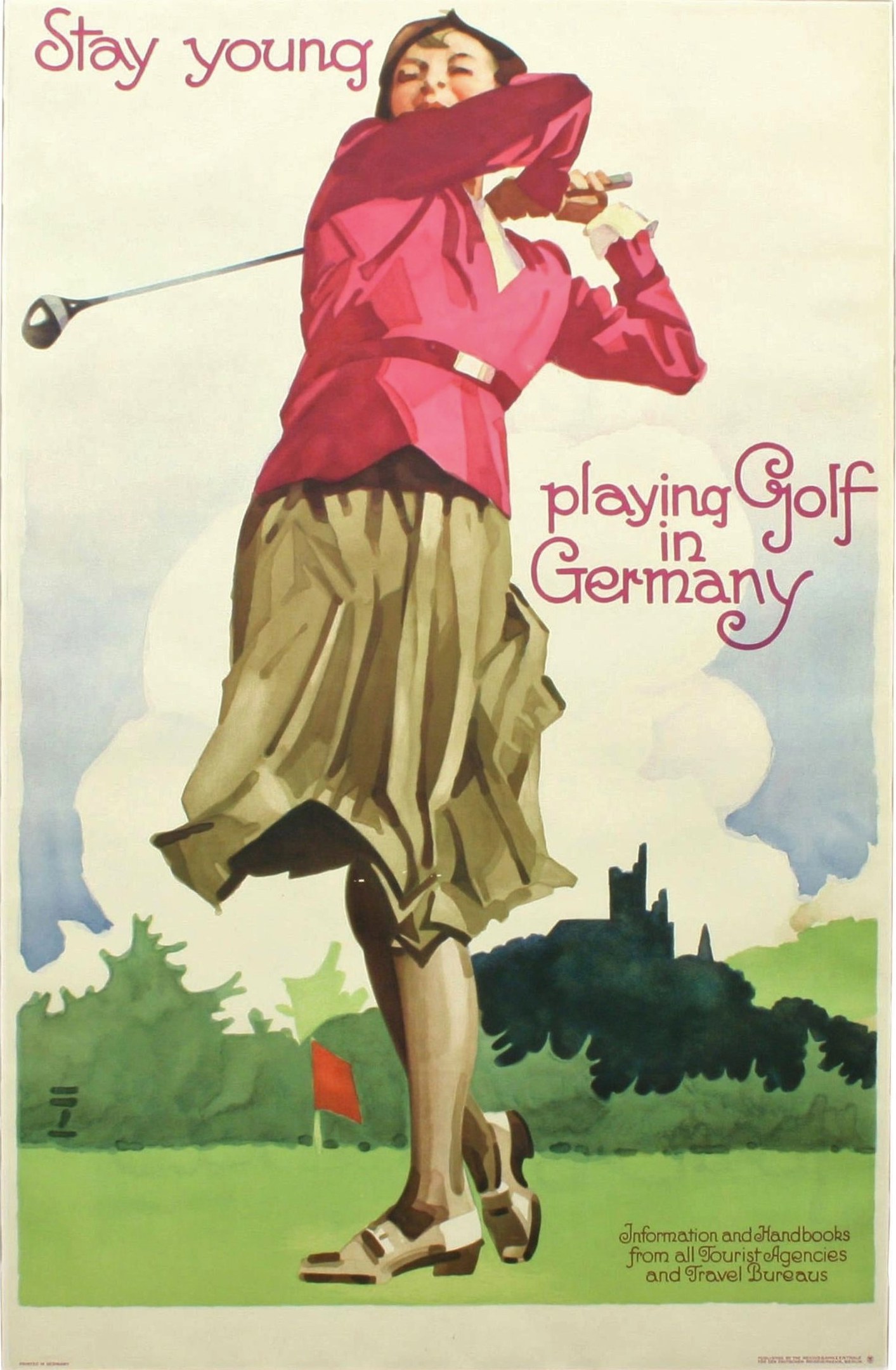 Eine Frau steht auf einem Golfplatz in Deutschland und hält einen Golfschläger mit einer Fahne und Bäumen im Hintergrund; das Plakat enthält Text über den Golfplatz.