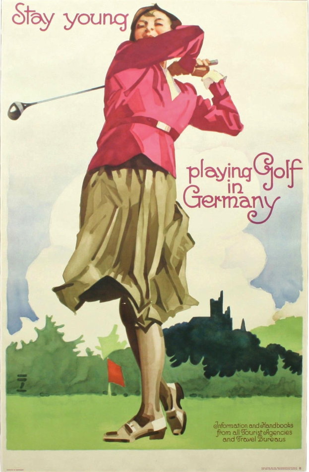 Eine Frau steht auf einem Golfplatz in Deutschland und hält einen Golfschläger mit einer Fahne und Bäumen im Hintergrund; das Plakat enthält Text über den Golfplatz.