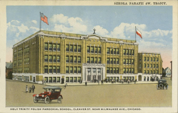 Plakat für die Heilige Dreifaltigkeit Polnische Pfarrschule in Cleveland, Ohio, das ein Schulgebäude, Menschen, Fahrzeuge, Flaggen und Text unten zeigt.