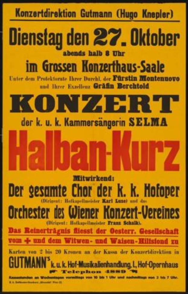 Gelbes Plakat in Berlin, Deutschland, das ein Konzert mit dem Titel "Konzert Halban-Kurz" ankündigt.
