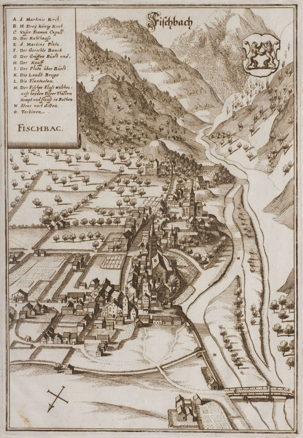 Alte Karte von Fischbach, Deutschland, mit H├Ąusern, B├Ąumen, H├Ąngen, einem gewundenen Fluss, Text und einem Logo auf altem Papier.