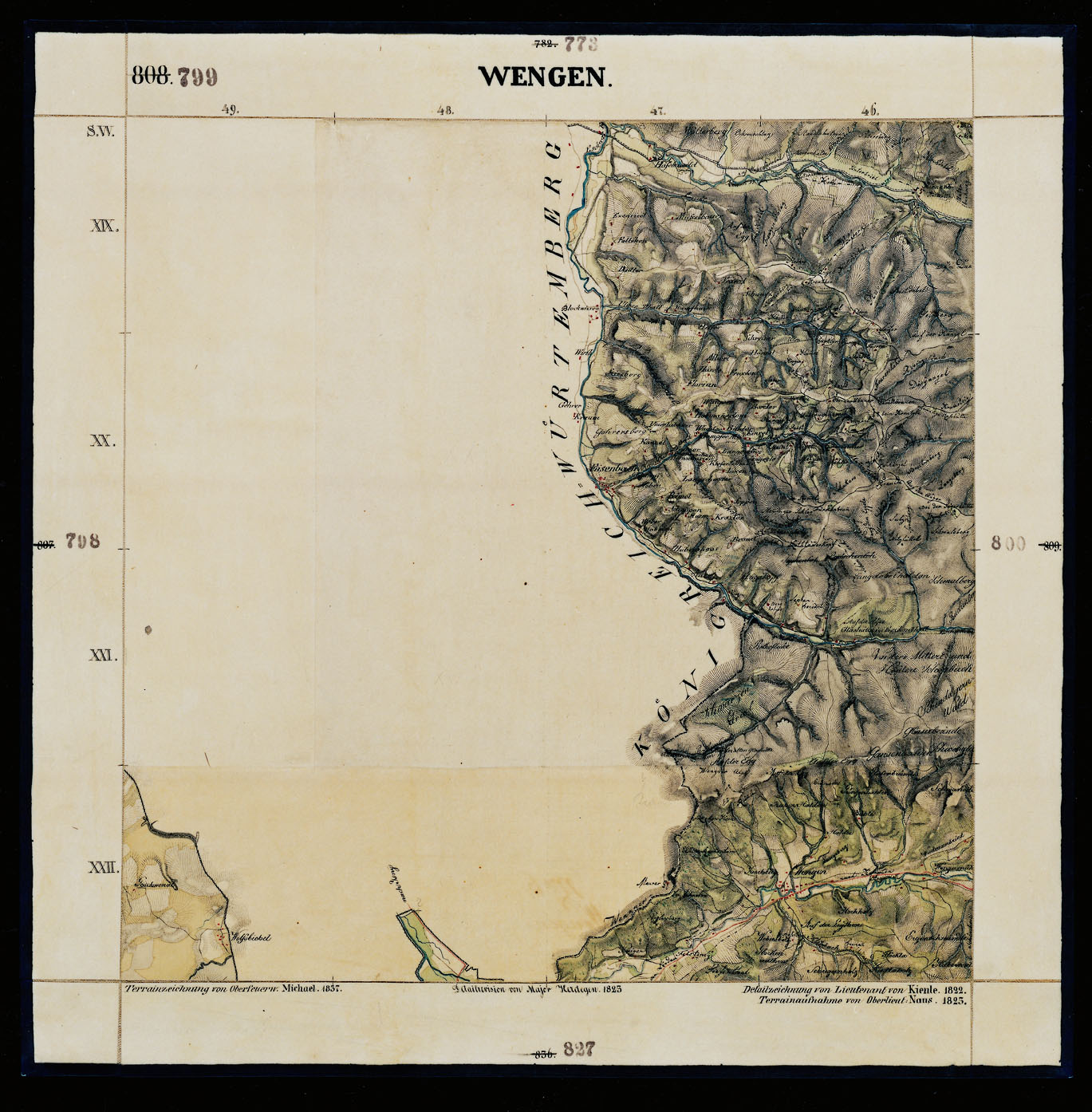 Ein altes Stadtplan von Wengen, Deutschland, mit einer schwarzen Grenze, der detaillierte Informationen über Straßen, Gebäude, Sehenswürdigkeiten und Text enthält.