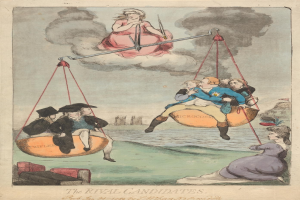 Eine Bleistiftzeichnung von zwei Menschen auf einer Schaukel mit einem auf dem Boden Stehenden, vor einem Himmel mit Wolken und Rauch, mit der Aufschrift "Die Rivalen" unten.