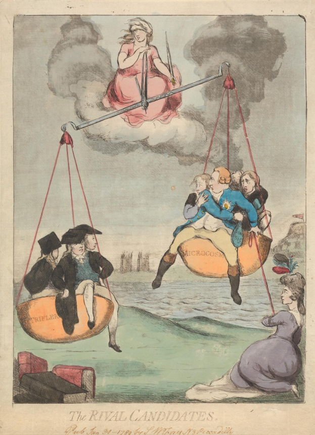 Eine Bleistiftzeichnung von zwei Menschen auf einer Schaukel mit einem auf dem Boden Stehenden, vor einem Himmel mit Wolken und Rauch, mit der Aufschrift "Die Rivalen" unten.