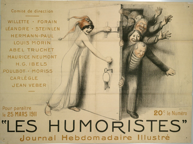 Ein Plakat an einer Gebäudewand mit einer Gruppe lachender, fröhlicher Menschen und der großen, fetten Schrift "Les Humoristes Journal Hebdomadaire Illustré" oben.