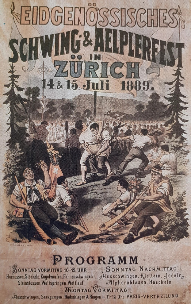 Alter Plakatwerbung für ein Festival in Zürich, Schweiz, mit einer Gruppe von Menschen mit Stöcken und Bäumen im Hintergrund sowie Text.