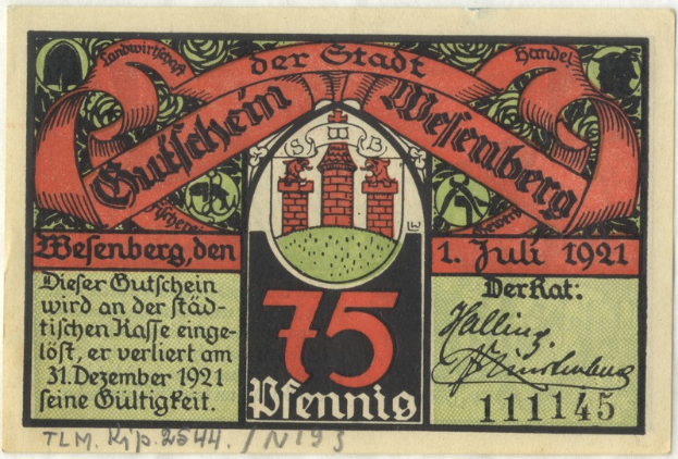 Eine alte deutsche Banknote mit einem Gebäude, dem Text 'Bundesliga' und einem Logo unten, vor einem weißen Hintergrund.