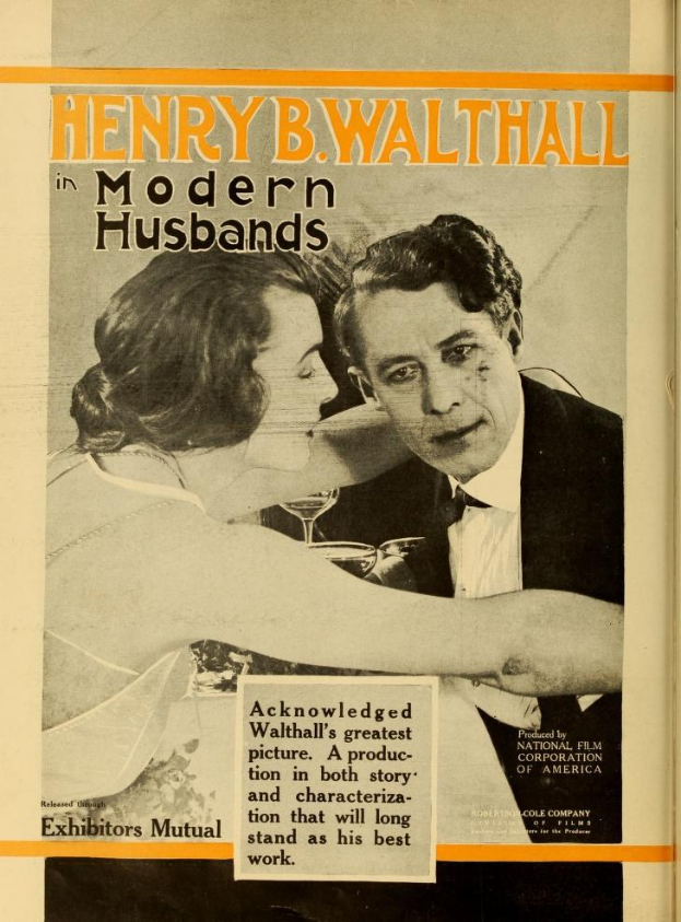 Buchumschlag mit einem Mann und einer Frau in einer romantischen Umarmung und dem Titel 'Henry B. Walthall in Modern Husbands' darunter.