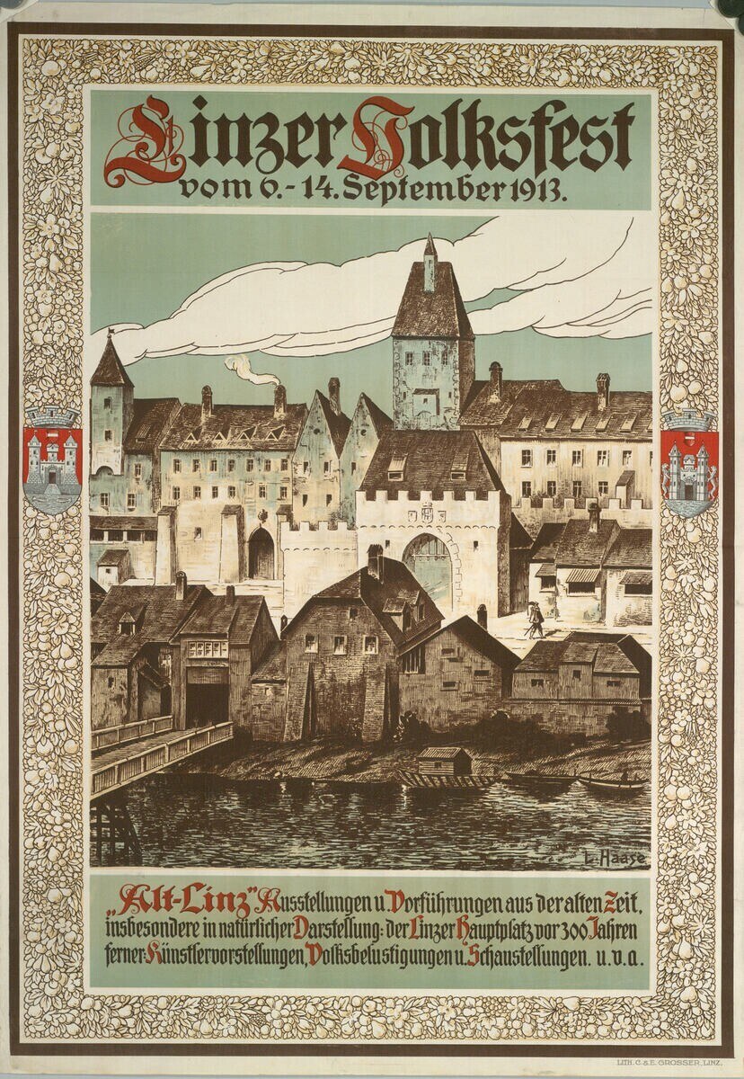 Alter deutscher Festivalplakat mit einem Schloss umgeben von Häusern und Text, der das Ereignis ankündigt.