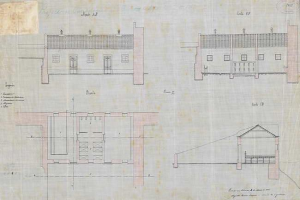 Ein detaillierter architektonischer Grundriss eines mehrfenstrigen Gebäudes, das mutmaßlich ein Bauplan für eine neue Schule ist, mit umfassenden Layoutdetails und Textanmerkungen.