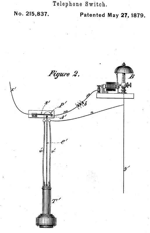 Eine Patentzeichnung eines Telefonschalters mit einem Pfahl und daran befestigten Drähten, beschriftet mit 'Patent 215,837 - Telefonschalter'.