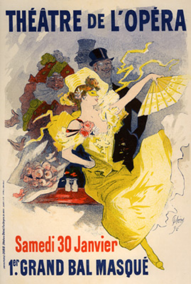 Ein Plakat, das das Théâtre de l'Opéra in Paris ankündigt, mit einer Frau in einem gelben Kleid umgeben von anderen Menschen und Text darauf.