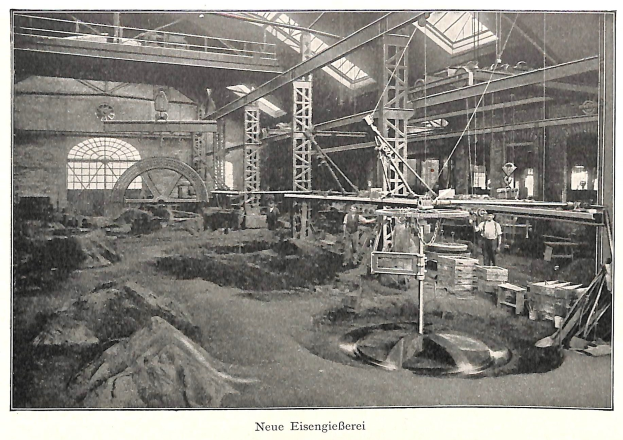 Schwarzes und weißes Foto einer Fabrik mit Arbeitern, die an einer Maschine arbeiten, umgeben von Metallstangen und -pfählen, beschriftet mit "Neue Eisengießerei, die erste Fabrik Deutschlands."
