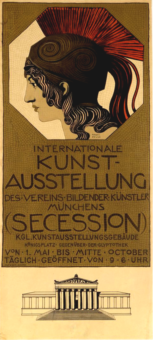 Plakat für die Internationale Kunstausstellung in München, Deutschland, mit einer Frau mit einem menschlichen Gesicht in der Mitte und Text, der Informationen zum Event enthält.