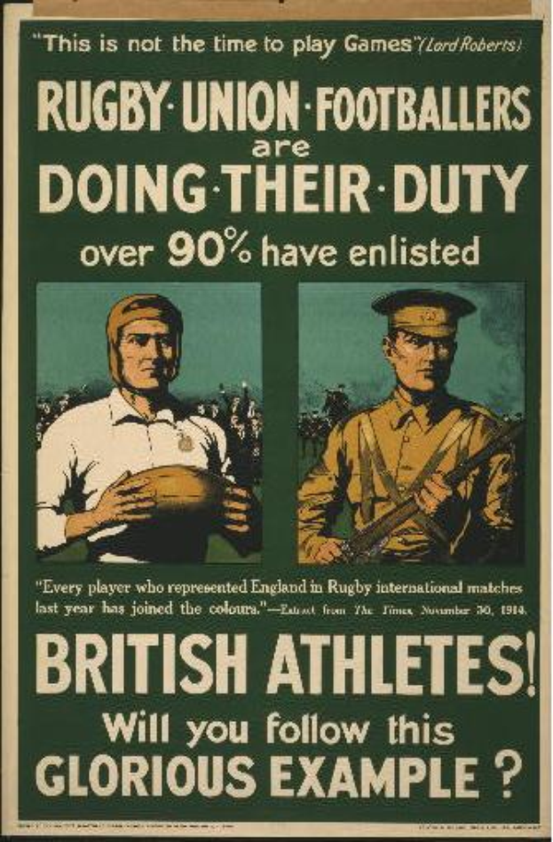 Ein Vintage-Plakat mit zwei Rugby-Union-Fußballern, das ihre Einberufung in den Dienst bewirbt, da über 90% der britischen Athleten dies getan haben.