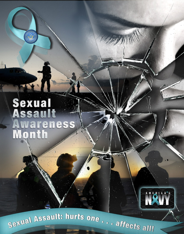 Plakat zum Sexual Assault Awareness Month mit einem zerbrochenen Glas umgeben von Silhouetten von Menschen, einem Flugzeug und Wasser sowie einem Logo unten.