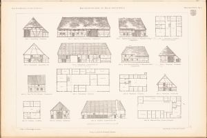 Ein offenes altes Buch zeigt Architekturhauspläne und -entwürfe.