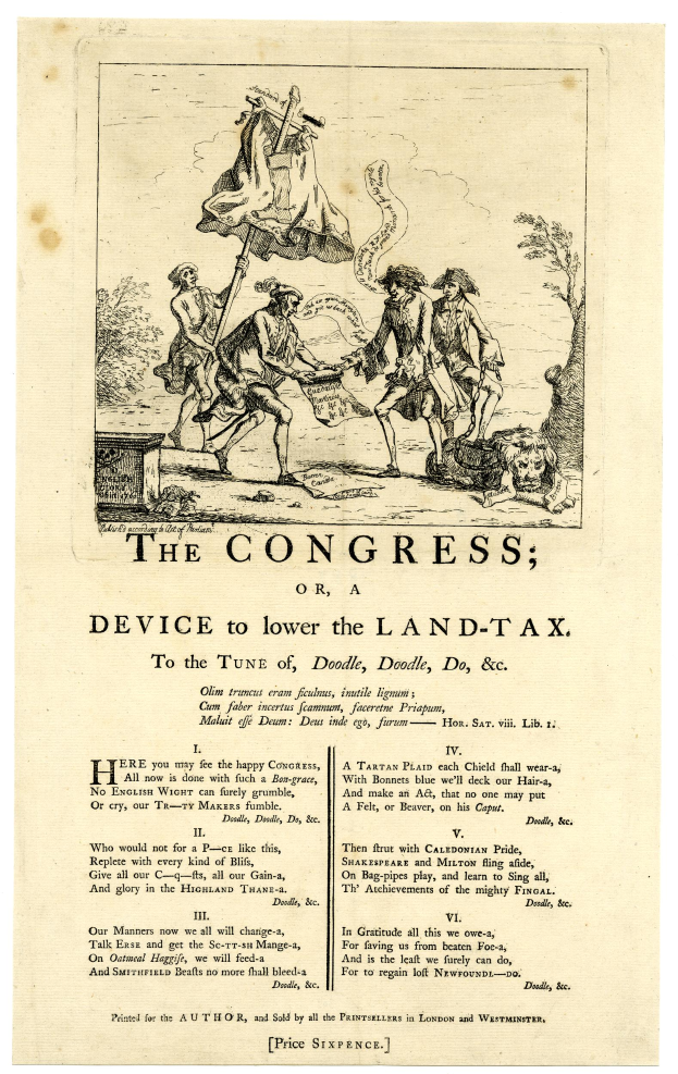 Ein Blatt mit einer Zeichnung einer vielseitigen Gruppe von Menschen in traditioneller Kleidung und dem Text "Der Kongress oder, Vorrichtung zur Senkung der Grundsteuer" in fetter Schrift, umgeben von einem dekorativen Rahmen.