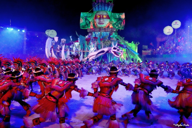 Eine Gruppe von Menschen in bunten Kostümen tanzt auf einer Bühne vor einem sitzenden Publikum, beleuchtet von Scheinwerfern und umgeben von Pfählen und Ballons, mit einem Bildschirm, der eine Person und andere Gegenstände im Hintergrund zeigt, während des Karnevals in Rio de Janeiro 2014.