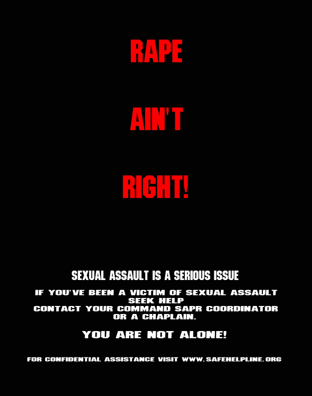 Ein Plakat mit fetter, schwarzer Schrift, die den Text 'Rape Ain't Right: Sexual Assault is a Serious Issue' auf einem weißen Hintergrund zeigt, eingerahmt von einem schwarzen Rand.