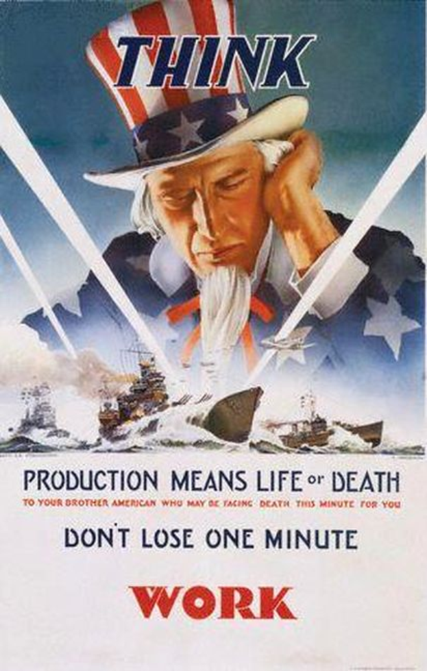 Ein Plakat mit Onkel Sam in Hut, mit der Aufschrift "Denken, Produktion bedeutet Leben oder Tod, Vergeude keine Minute Arbeit" darunter.