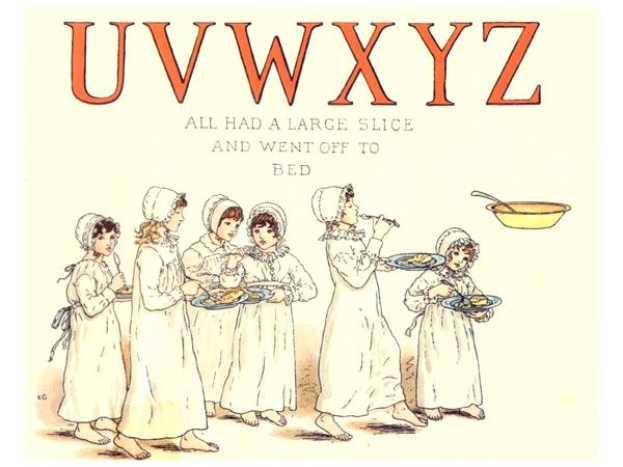 Eine Gruppe von Menschen mit Tellern mit Essen, einer Schüssel und einem Löffel, mit Text oben: "Uwxyz - Alle hatten eine große Scheibe und gingen ins Bett."