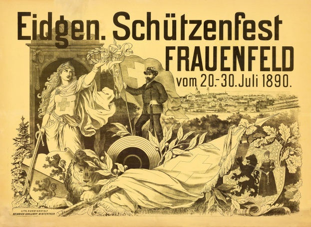 Plakat für das Eidgenössische Schützenfest in Frauenfeld, Deutschland, das einen förmlich gekleideten Mann und eine Frau mit Veranstaltungseinzelheiten zeigt.