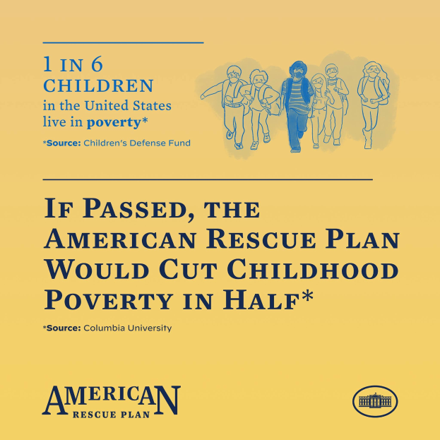 Plakat für den American Rescue Plan mit dem Text, dass er die Kinderarmut in der Hälfte reduzieren würde und ein Bild einer vielfältigen Gruppe von Menschen.