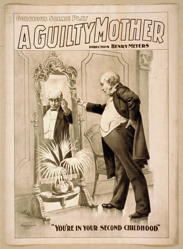 Ein Plakat, das einen Mann zeigt, der vor einem Spiegel steht, mit einem Stuhl und einer Pflanze im Hintergrund, und den Text "Eine schuldige Mutter - Du bist in deiner zweiten Kindheit" anzeigt.