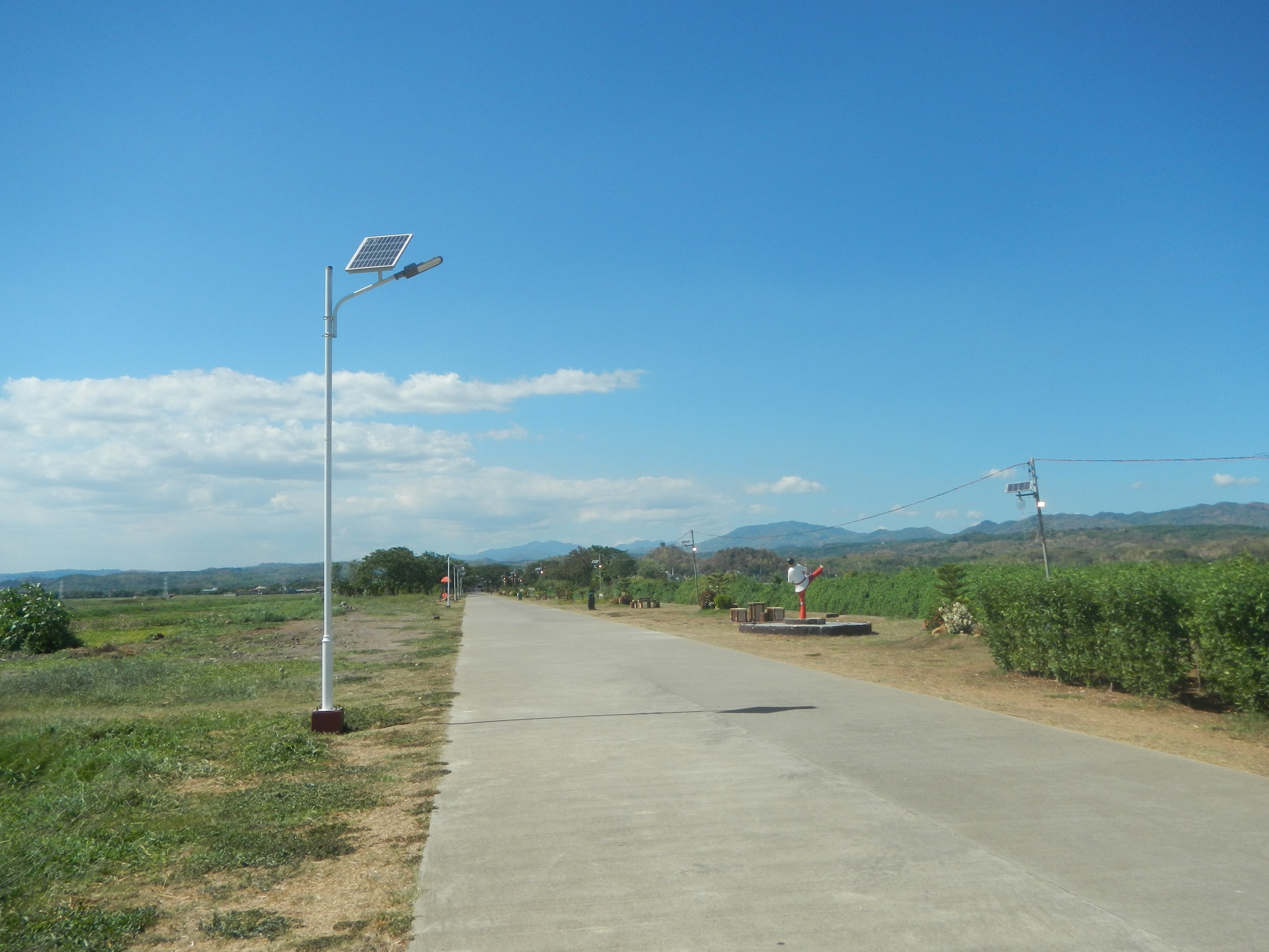 Straßenrand-Solarpanel-Installation mit umgebender Vegetation, Strommasten und Drähte, vor einem Hintergrund von Hügeln und bewölktem Himmel.