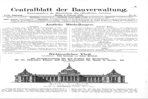 Schwarz-weißes Bild einer deutschen Zeitungsvorderseite von 1897 mit einer detaillierten Zeichnung eines großen, prunkvollen Gebäudes mit einem prächtigen Eingang und mehreren Fenstern, eingerahmt von dekorativen Bordüren und schwarzem Text.