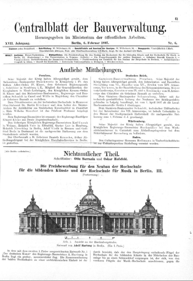 Schwarz-weißes Bild einer deutschen Zeitungsvorderseite von 1897 mit einer detaillierten Zeichnung eines großen, prunkvollen Gebäudes mit einem prächtigen Eingang und mehreren Fenstern, eingerahmt von dekorativen Bordüren und schwarzem Text.