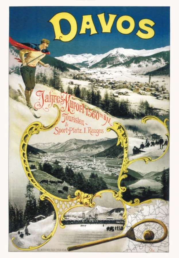 Ein Vintage-Plakat, das den Skiresort Davos in der Schweiz bewirbt und einen Skifahrer im Vordergrund zeigt, umgeben von Bäumen, Häusern und Bergen, sowie beschreibendem Text.