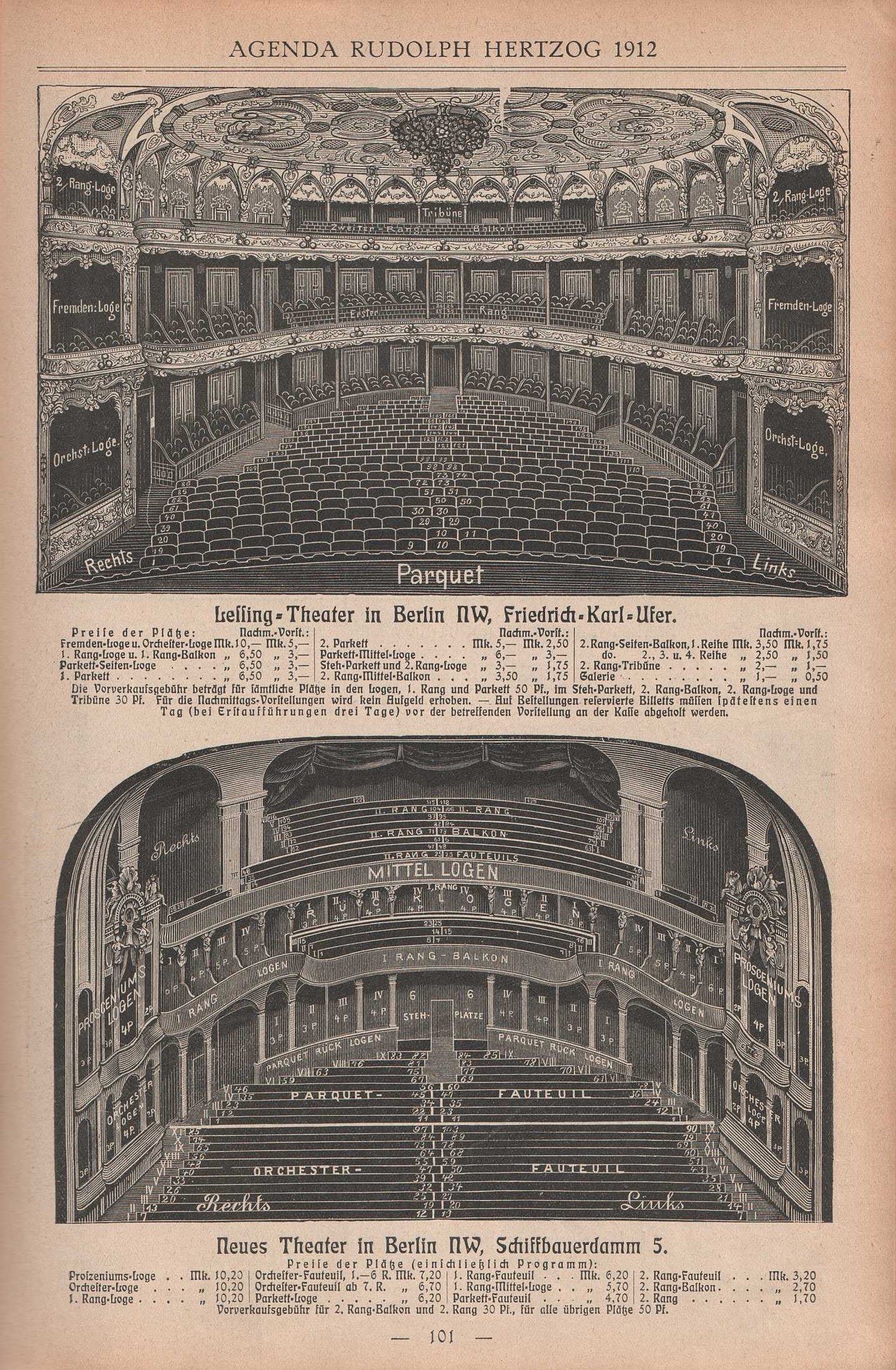 Schwarz-weiß-Illustration eines großen Auditoriums in Berlin, Deutschland, aus dem Jahr 1912 neben Text zur Beschreibung des Theaters.