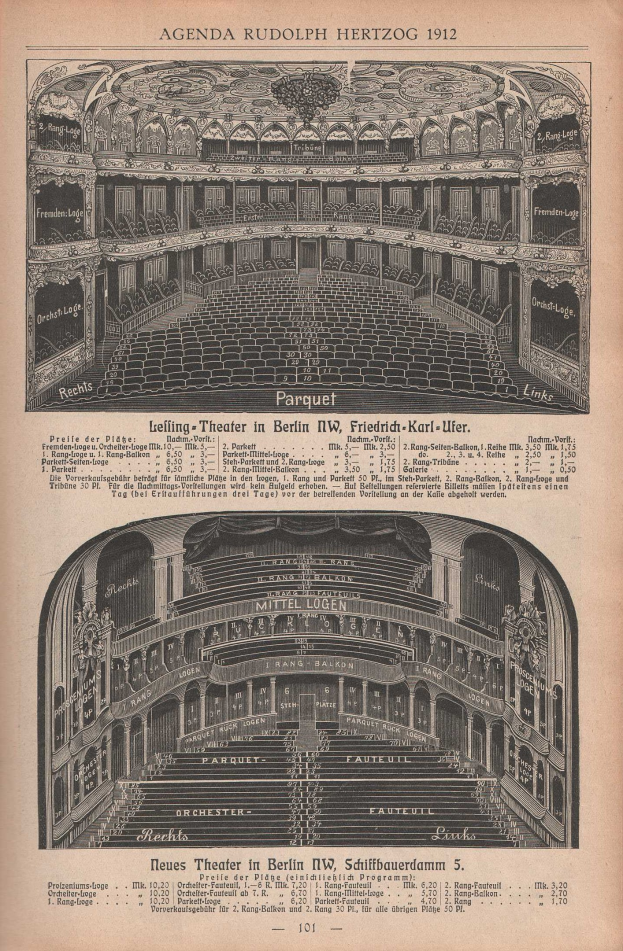 Schwarz-weiß-Illustration eines großen Auditoriums in Berlin, Deutschland, aus dem Jahr 1912 neben Text zur Beschreibung des Theaters.