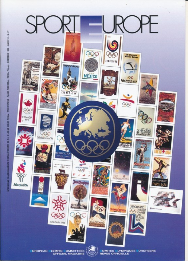 Ein Buchumschlag mit dem Titel "Sporting Europe" in leuchtenden Farben und detaillierten Designs, der verschiedene Olympische Symbole und Designs zeigt.