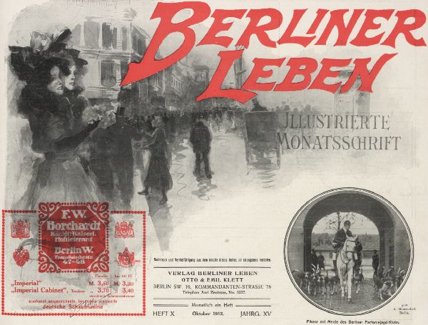 Eine alte deutsche Zeitungsanzeige für "Berliner Leben" mit einer belebten Stadtansicht, einer Gruppe von Menschen, hohen Gebäuden und einer Brücke im Hintergrund, wobei der Text "Berliner Leben" in fetter, schwarzer Schrift hervorgehoben ist.