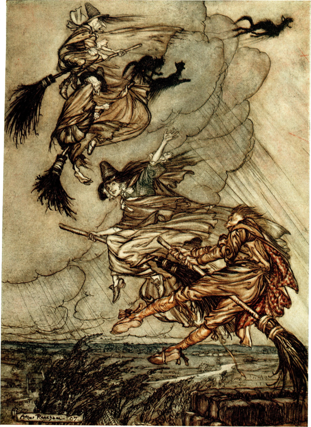 Gemälde von Arthur Rackham namens "Die Hexen", das drei Hexen zeigt, die auf einem Besen durch die Luft fliegen.