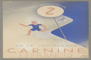 Ein Karnevalsplakat in Frankreich mit einer Person in einem leuchtend gelben Kleid, die fröhlich lächelt, und schwarzer, fetter Schrift, die "Karneval" umgibt.