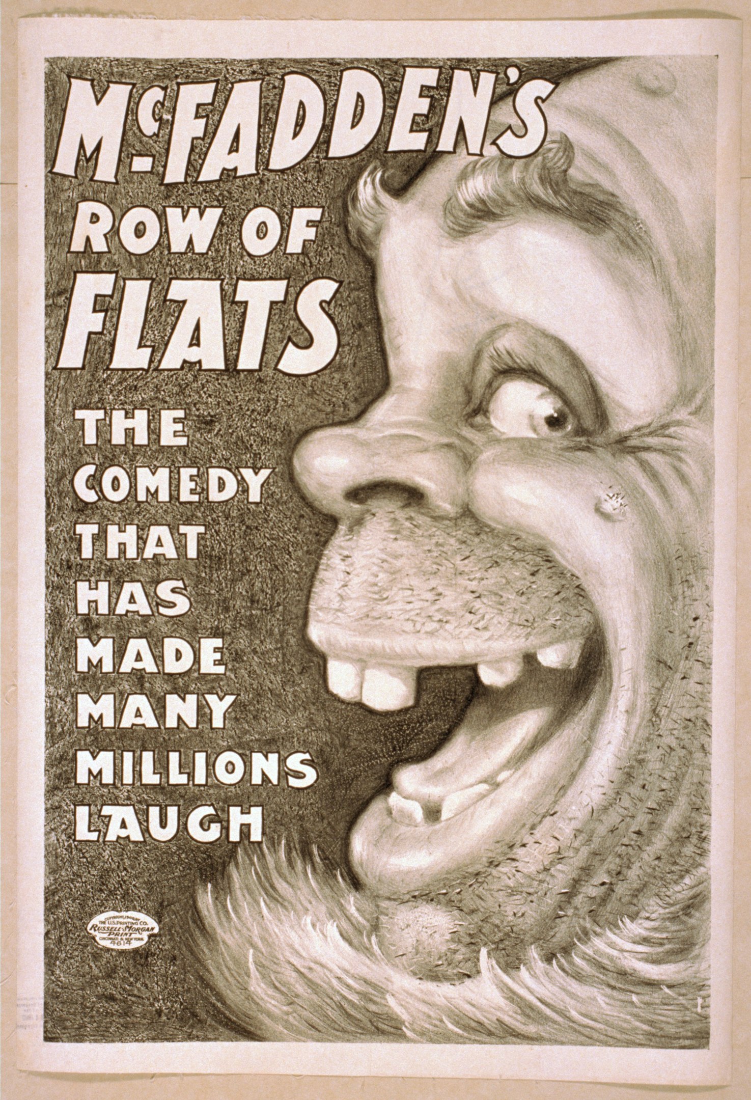 Plakat mit einem lachenden Menschen mit wildem Haar vor einem gelben Hintergrund, Text lautet "McFadden's Row of Flats: The Comedy That Has Made Many Millions Laugh."