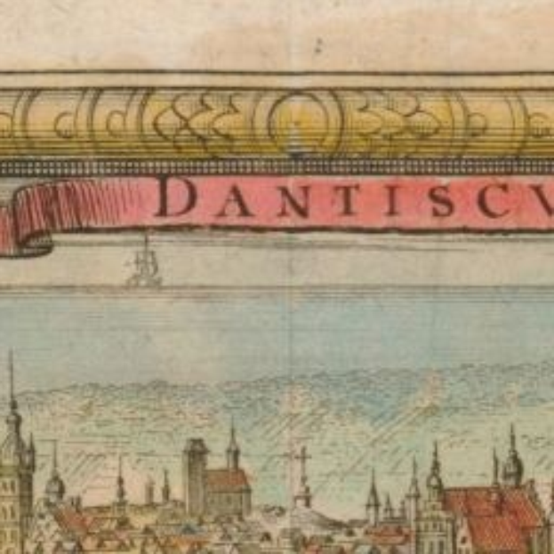 Ein altes Buch mit einer Stadtansicht, die Geb├Ąude und ein Banner mit beschreibendem Text zeigt.