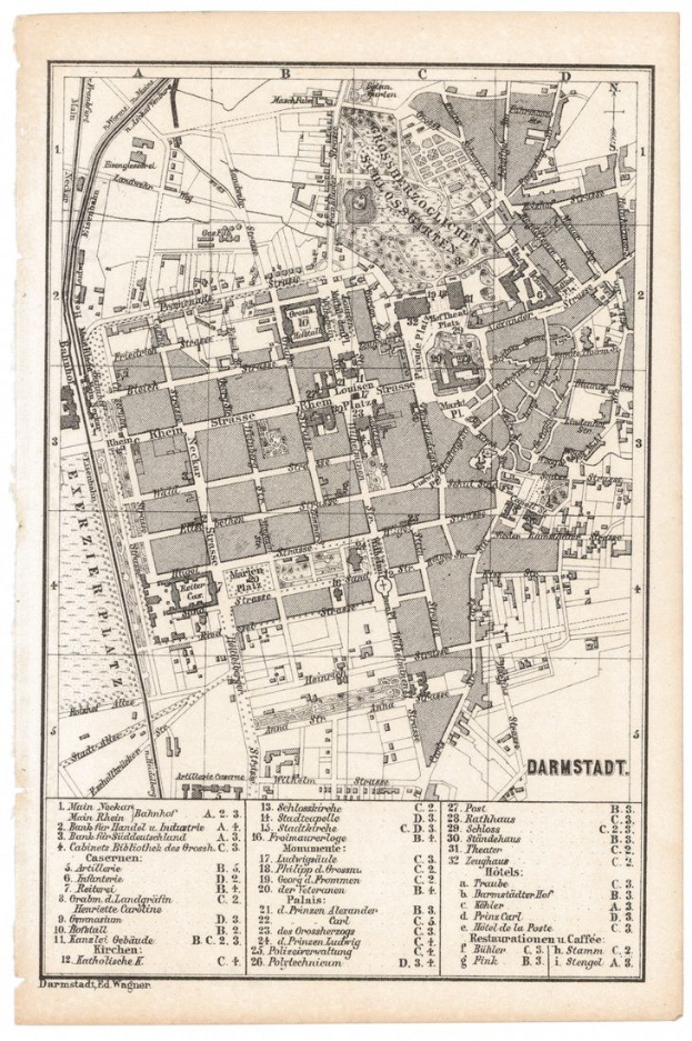 Alte detaillierte Karte von Darmstadt, Deutschland, zeigt Straßen, Gebäude, Sehenswürdigkeiten und Entfernungen mit Textanmerkungen.