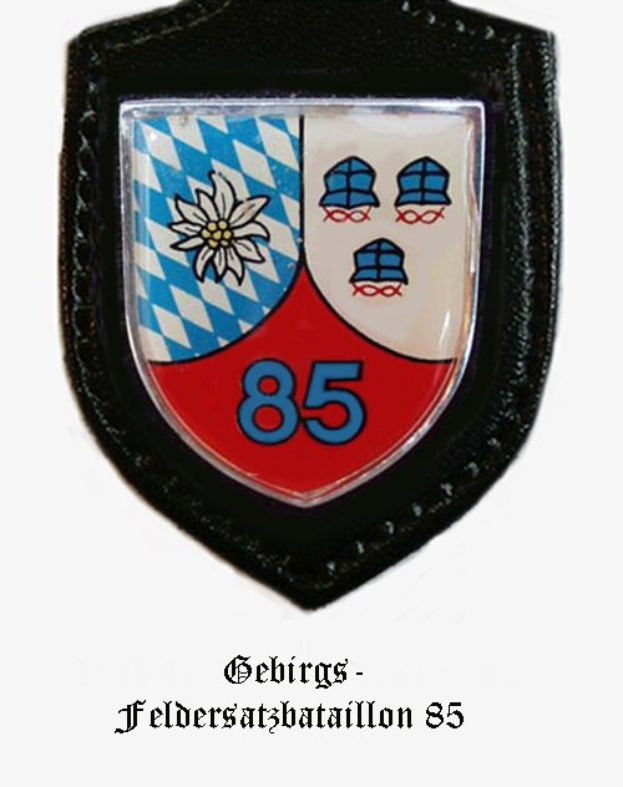 Ein rundes Abzeichen mit der Zahl 85 und deutschem Text unten, das das Logo der bayerischen Fuballmannschaft reprsentiert.