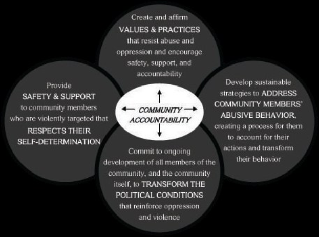 Ein Diagramm mit der Bezeichnung "Gemeinschaftliche Rechenschaftspflicht" mit einem zentralen Kreis, der durch Pfeile mit drei überlappenden Kreisen verbunden ist, alles in fetter, leuchtender Schrift.