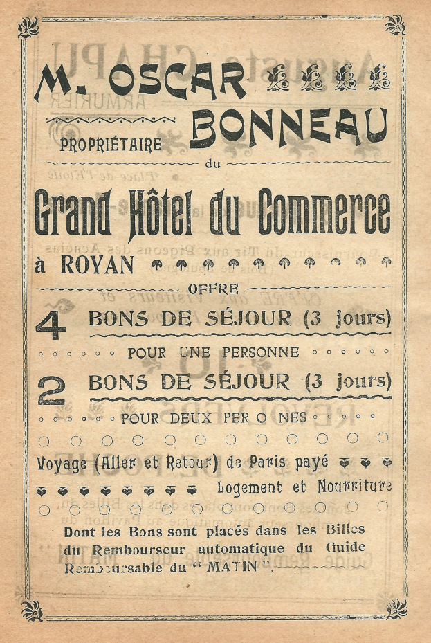 Anzeige für das Grand Hotel du Commerce in Paris mit Text zur Bewerbung der Hoteldienstleistungen.