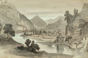 Eine Zeichnung eines Flusses, der durch eine bergige Landschaft mit Bäumen, Häusern und Bergen im Hintergrund fließt, mit der Aufschrift "Von der Rheinbrücke" unten.